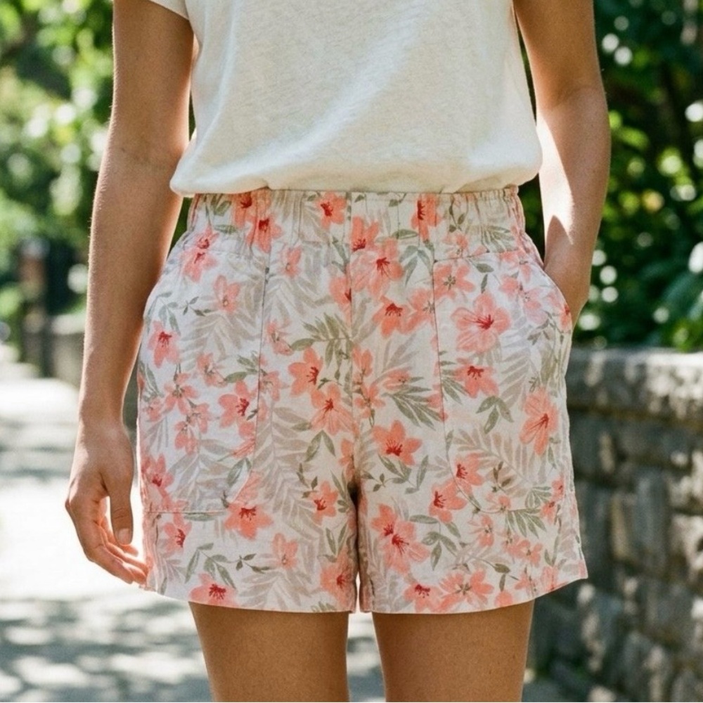 Briggs New York Pink Floral Linen-Blend Elastic Waist Shorts